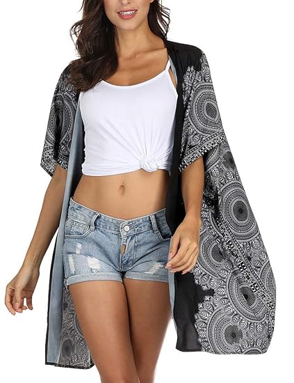 T.Mullen Damen Blumenmuster Sommer Cardigan Boho Strand Kimono Bikini Pareos Cover Up