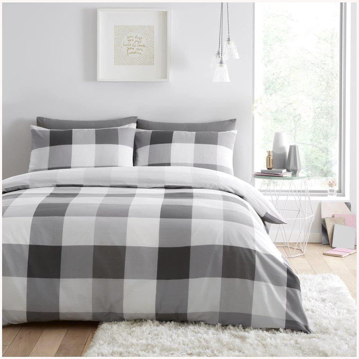 GC GAVENO CAVAILIA Super Soft Striped & Check Duvet Cover, Easycare Geometrical Bedding, Reversible Checkered Quilt Set, Poly Cotton, Grey, King