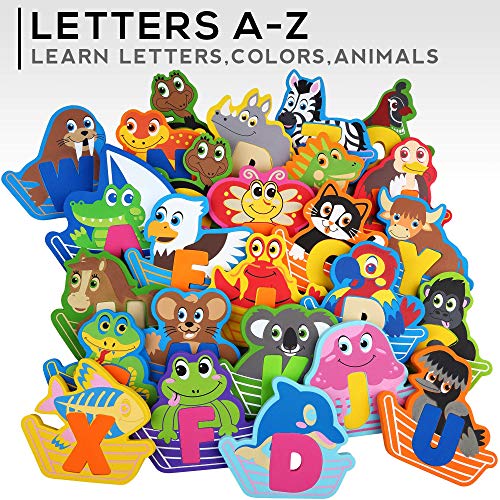 Foam Bath Toys 100% Non-Toxic Bathtub Alphabet - Free Bath Toy Organizer - Fun Foam Puzzles - Educational Floating Toys for Boys Girls - Early Learning Letters Animals Colors - 52 Pcs - Set №2