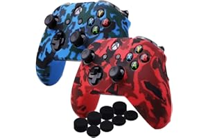 YoRHa Water Transfer Printing Camouflage Silicone Cover Skin Case for Microsoft Xbox One X & Xbox One S Controller x 2(red&Blue) with PRO Thumb Grips x 8