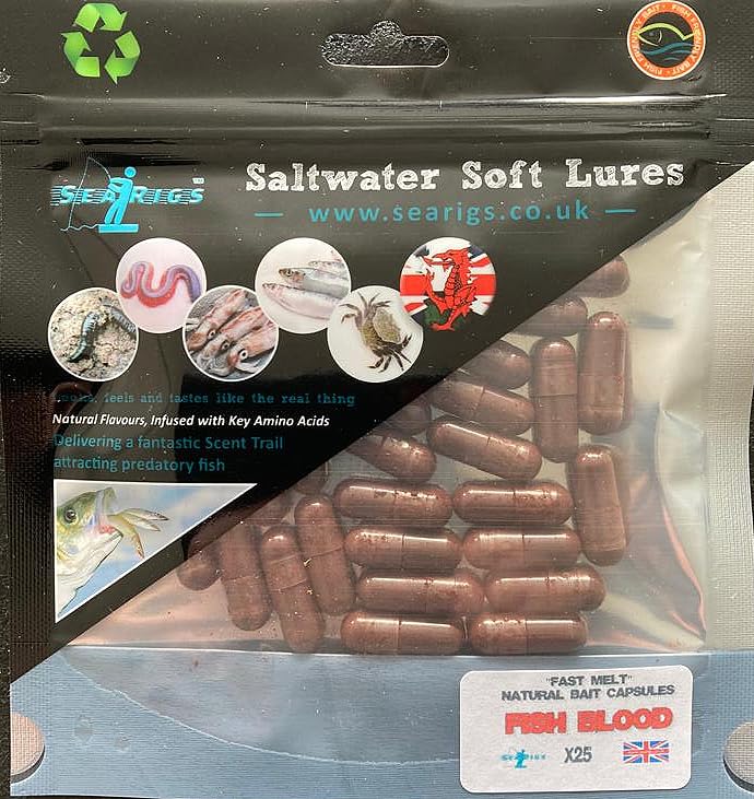 SEARIGS™ Fish Blood Natural sea fishing Bait Capsules for attracting Cod, Bass, Conger, Ray, Pike and Flatfish x25 Capsules