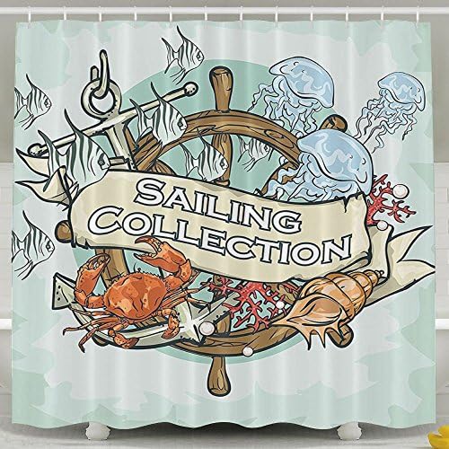 XsWu Sailing Collection Old Times Fisherman Ribbon Banner Fishing Sea Food Crab Shower Curtain Bath Curtain With Hooks 60x72