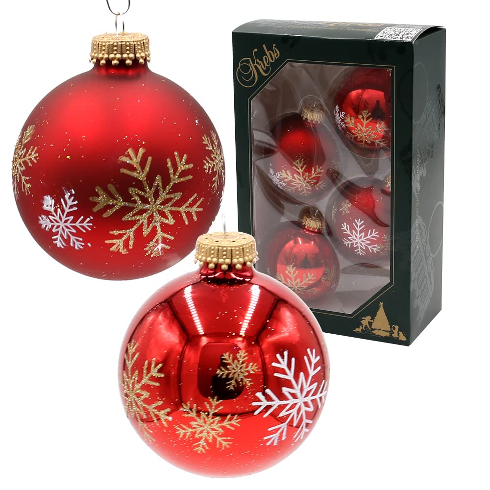 Dekohelden24 Lauschaer Christmas Tree Decorations Set of 4 Glass Baubles in Red Matt and Shiny Hand Decorated with Snowflakes with Gold Crowns, Diameter Approx. 7 cm