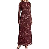 HTZMO Women Long Sleeve Bodycon Floral Maxi Dress Ruched A Line Flowy Wedding Guest Formal Party Long Dresses