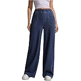 Floerns Women's Elastic Waist Straight Leg Jeans Stretchy Trendy Baggy Denim Pants