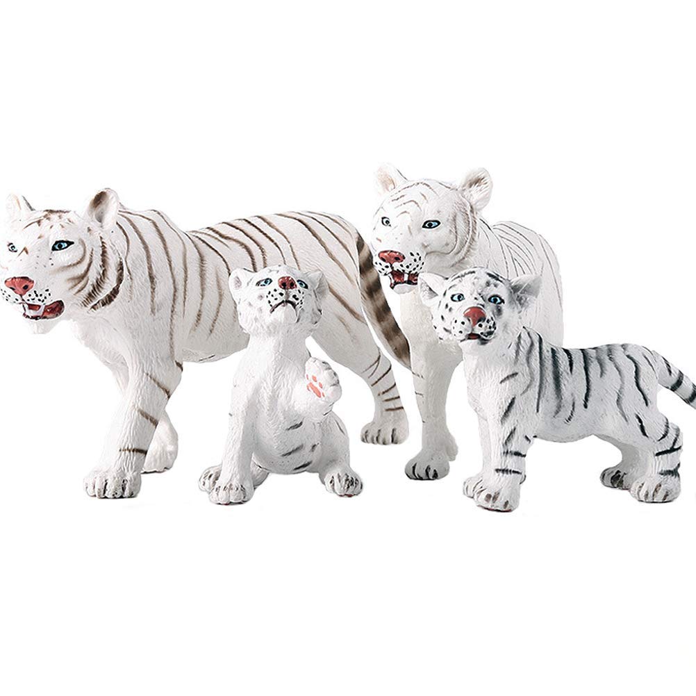 JOKFEICE Animal Figures - 4pcs Realistic Plastic White Tiger Action Model - Forest Wild Animal Learning Party Favors Toys - Birthday Cupcake Topper for Kids Toddlers