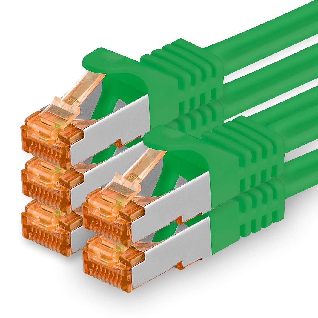 2m - Cat.7 network cable green - 5 pieces Gigabit Ethernet LAN cable 10000 Mbit s patch cable Cat7 cable S FTP PIMF shielding LSZH Cat.7 raw cable Rj45 plug Cat 6a - 5 x 2 meters