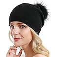 Women Knit Wool Beanie - Winter Fashion Solid Wool Hats Real Removable Raccoon Fur Pom Pom Warm Ski Beanie