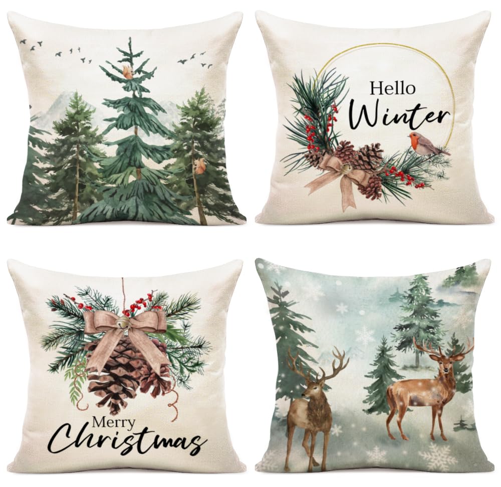 YCOLL Father Christmas Cushion Covers 40x40 Set of 4 Pine Trees Reindeer Cushions Linen Pillowcases Sofa Cushions for Christmas Decorations Living Room Winter Xmas Decor — image 1