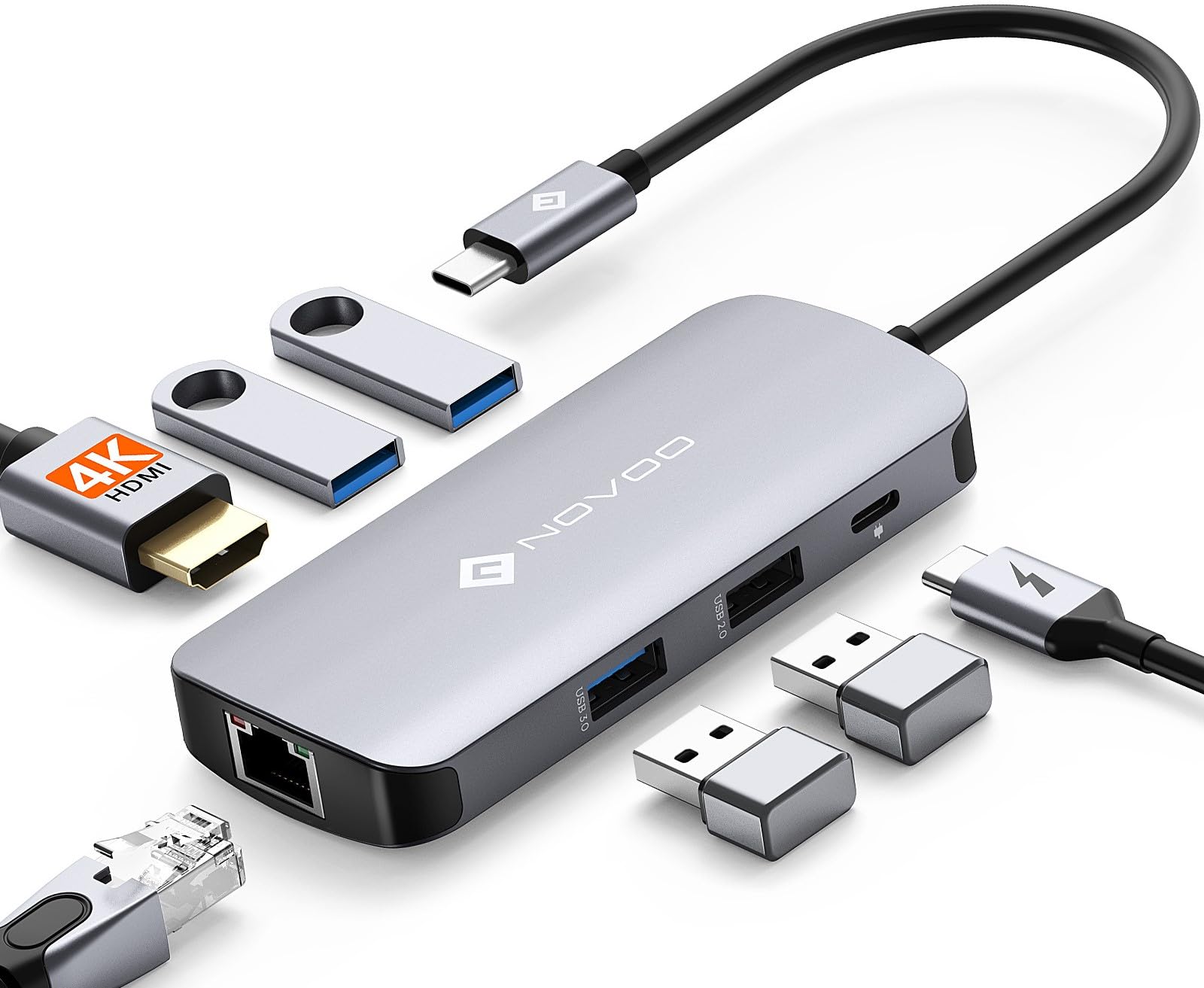 NOVOO USB C Hub Ethernet, 7 in 1 USB C Multiport Adapter, 4K@60Hz HDMI, 1Gbps Ethernet, 3 USB 3.0, USB 2.0, 100W PD, USB C Docking Station, USB-C Hub for MacBook M1/M2, iPad Pro, Steam Deck, Laptops