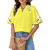 Women's Boho Floral Embroidered Blouse Casual V-Neck Puff Short Sleeve Loose Tunic Top for Summer Shirt Trendy 2026