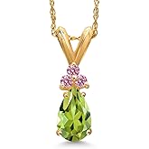 Gem Stone King 14K Yellow Gold Green Peridot and Pink Lab Grown Diamond Pendant Necklace for Women | 0.74 Cttw | Gemstone August Birthstone | Pear Shape 7X5MM | With 18 Inch Chain