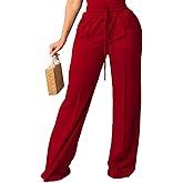 PINSV Women's Casual Wide Leg Pants High Waisted Drawstring Baggy Sweatpants Elastic Straight Leg Lounge Pants Red XXL
