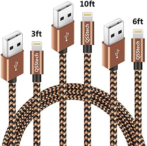 QSStech iphone Charger 3PCS 3FT 6FT 10FT Nylon Braided Lightning USB Cable Cord Charger Compatible with iPhone 7 7 Plus 6 6s 6 plus, iPhone 5 5s,iPad (Coffee+Black)