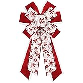 Large Christmas Wreath Bows, Christmas Red Snowflakes Velvet Burlap Linen Bows for Wreath, Large Tree Topper Ribbon Bows for New Year Home Indoor Outdoor Xmas Party Decoration Wreath Ornament Supplies