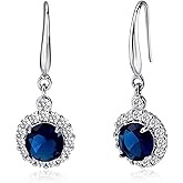 Desnuage Silver Round Sapphire Earrings Navy Blue Dangle Zircon Halo Drop Earrings for Women