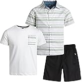 DKNY Boys Short Sets - 3 Piece Outfit with Short Sleeve Button Down Shirt, Crewneck Boys T Shirts & Twill Toddler Shorts