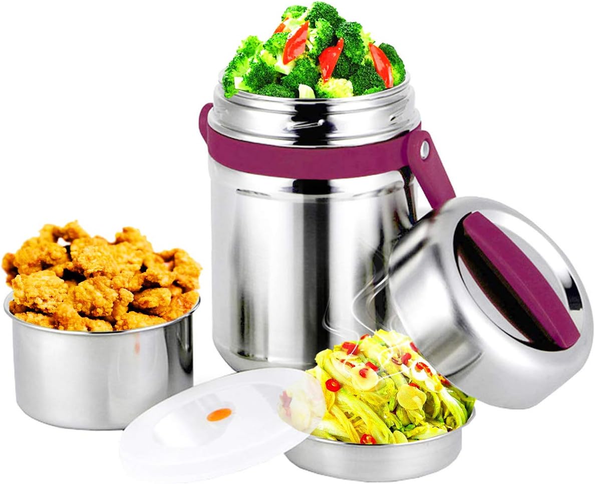 MeiLiMiYu Bento Lunch Box,Stainless Steel Lunch Jar, 3 Layers Vacuum Insulated Food Containers, Large Insulted Lunch Box Jar for Men and Women on Work, Picnic or Camping (Burgundy, 65OZ)