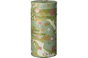 野口熊太郎茶園 Japanese Tea Canister Tin Shikisai(Four Seasons Color) Green/Double Lid/Japanese Washi Paper Pasted /200g Tea Capacity/Loose Leaf Tea Storage/Storage Container with Lid