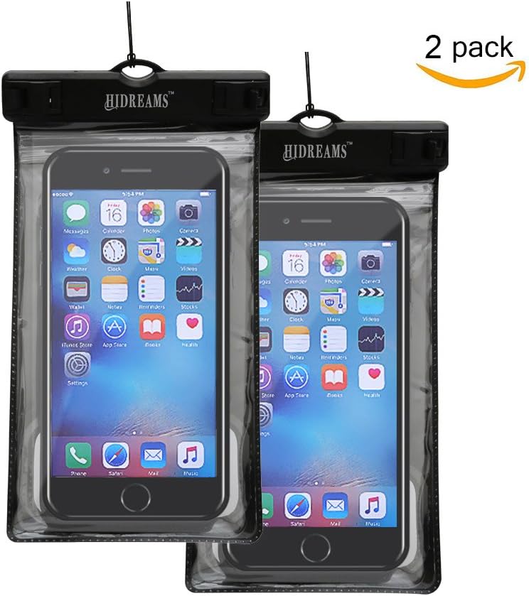 Hidreams Waterproof Phone Case Universal Cell Phone Dry Bag Pouch with Armband and Neck Strap for iPhone 7 Plus,6S Plus,7,6S,6,5S,Samsung Galaxy S6,Note 5 4,HTC,Sony Nokia Motorola,Black 2 Pack