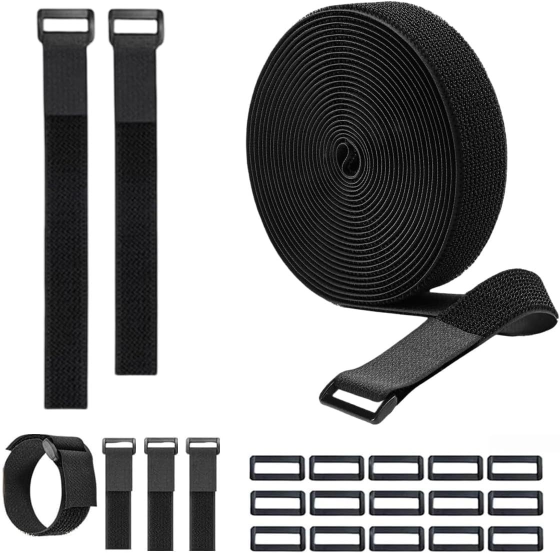16Ft 1.5inch Wide Cable Straps with 15 Buckles, Adjustable Length, Reusable Hook and Loop Straps, Fastening Cable Ties, Wire Management, Cord Organiser, Black