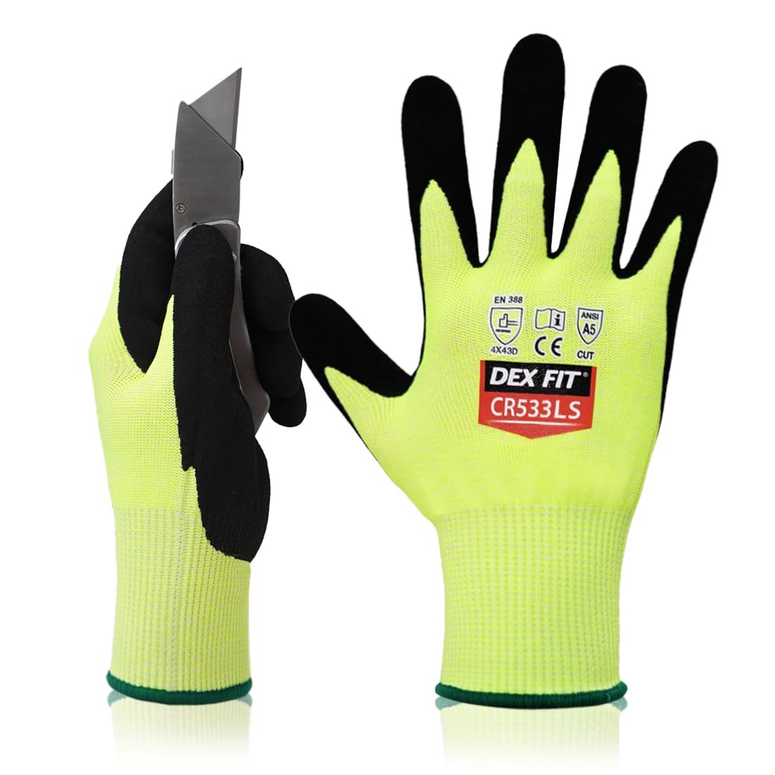 DEX FIT Level A5 Cut Resistant Gloves CR533LS - Silky Smooth and Fiberglass Free, Heavy Duty Grip, Thin & Light, Touchscreen Compatible, Durable, Breathable, Machine Washable; Fluo Green M (8) 1 Pair