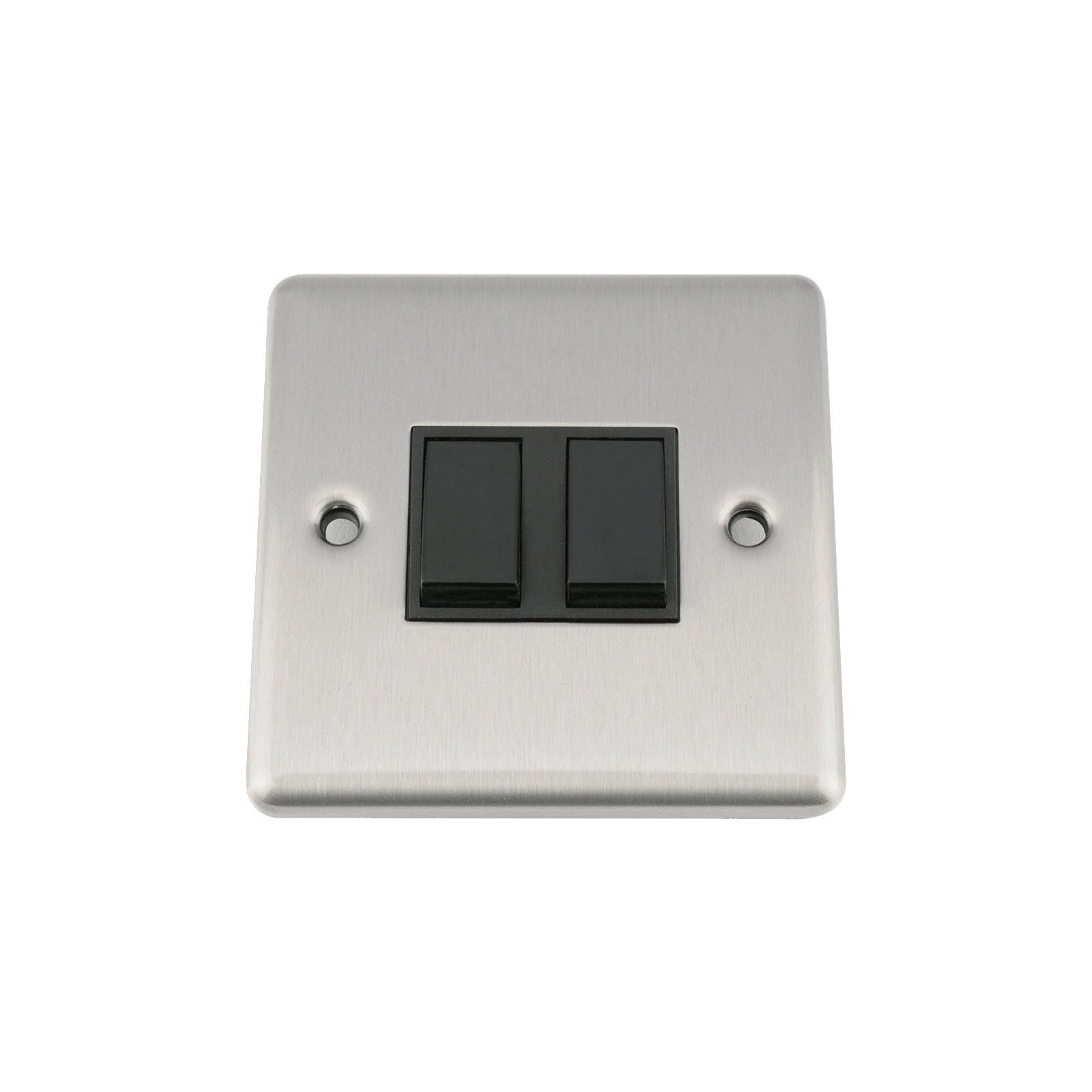 A5 Light Switch Double 2 Gang Satin Brushed Chrome Classic - Black Insert - Plastic Rocker Switches - 10A 1 Gang 2 Way