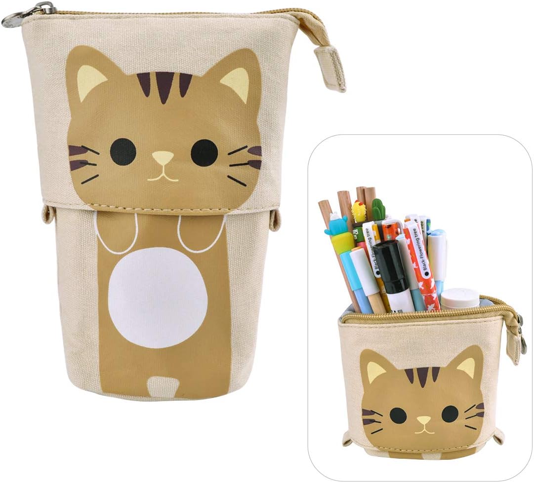 iSuperb Stand Pencil Case Transformer Canvas Pen Bag Holder Pouch Funny Cute Make Up Bag 19x12.5x7.5cm (Khaki)
