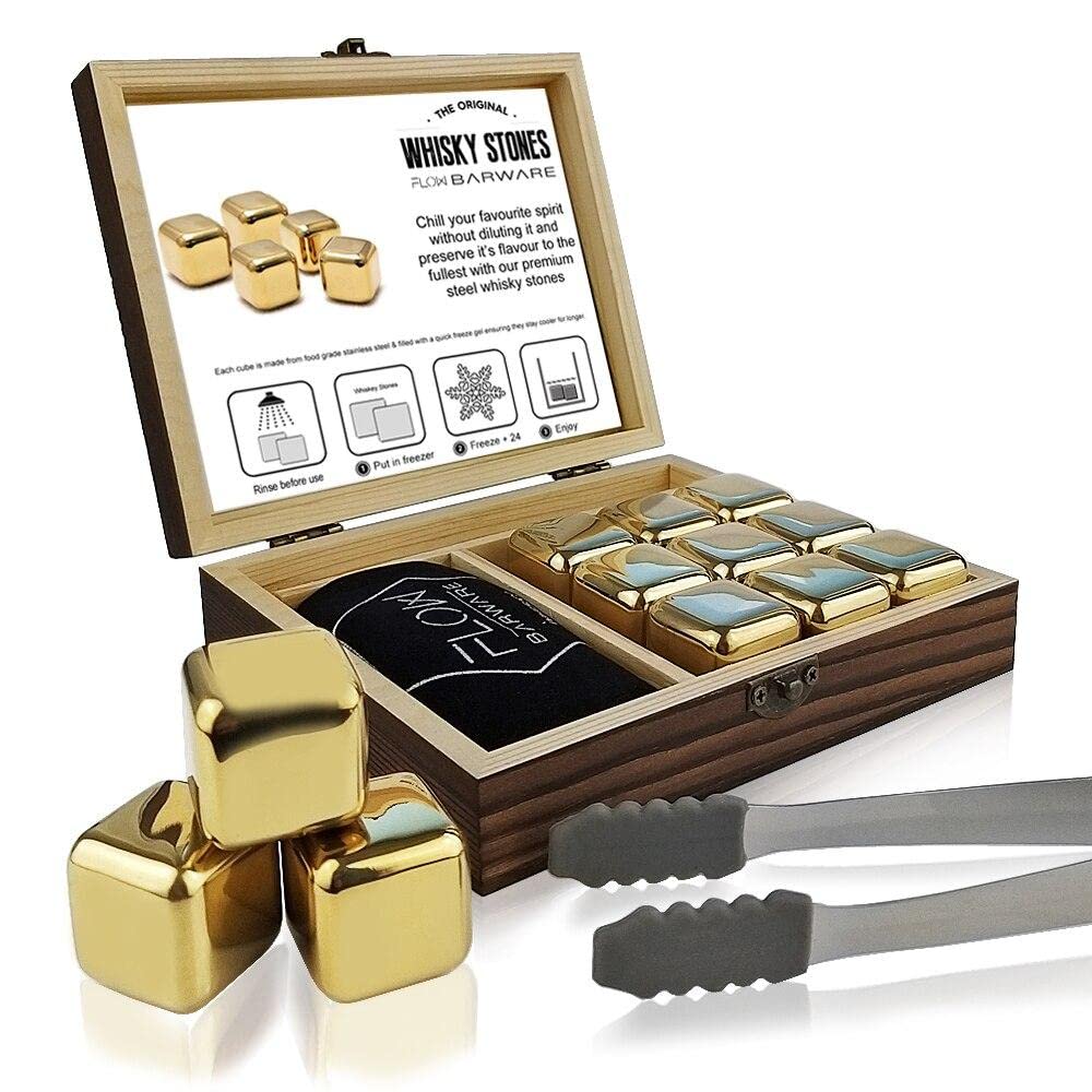 FLOW Barware Whisky Stones Gift Set | Stainless Steel Gold Metal Ice Cubes | Whiskey Stones With Tongs & Wooden Box, For Men Drink Whisky Ice Cubes in Gold