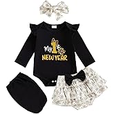 Gueuusu My 1st New Year Baby Girl Outfit Newborn Ruffle Long Sleeve Romper Top Fireworks Tutu Skirt Headband Cute Clothes Set