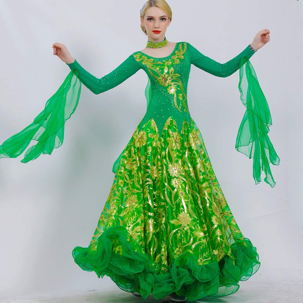 キラキラスパンコール ダンス衣装 社交ダンス ワンピースドレス インターナショナルダンス タンゴ服 グリーン 競技着 ワルツ B07mpxx26j 長袖 Medium グリーン 演出用 スタンダードドレス 発表会ドレス Medium モダンドレス 高級 社交ダンス 正規逆輸入品