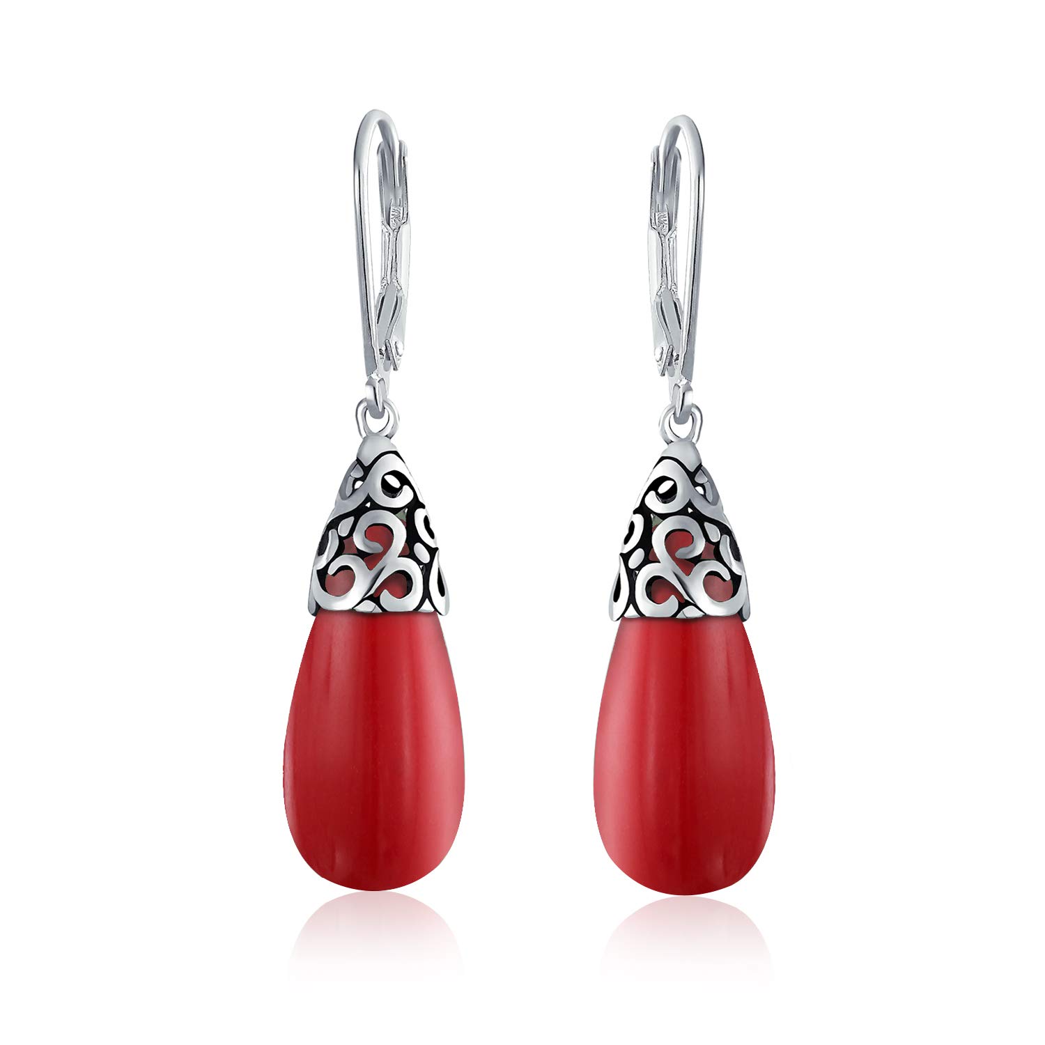 Western Style Dark Red Burgundy Simulated Coral Elongated Teardrop Filigree Lever Back Dangle Earrings For Women .925 Sterling Silver