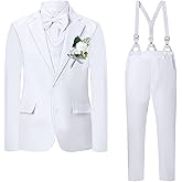 DISAUR Boy Suit for Formal Occasion 7 Pcs Including Jacket, Pants, Shirt, Vest, Corsage, Suspender and Bow Tie for 6-12 Years