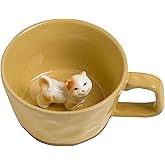 DIHOclub Farmhouse Ceramic Coffee Mug with Animal Figurine – Rustic Stoneware Cup, Matte Finish, Ideal for Breakfast & Home Decor (Yellow Cat)