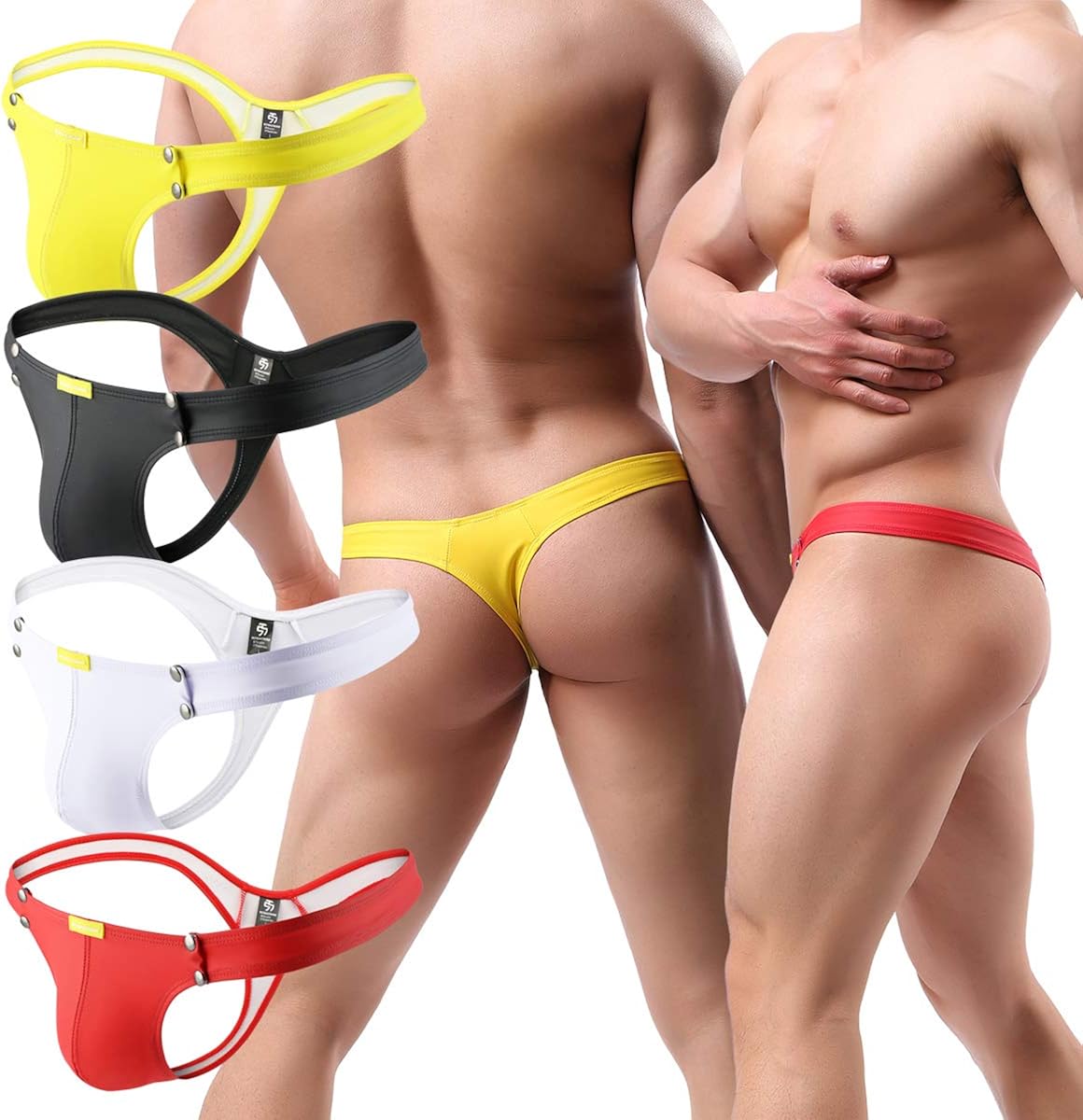 QiaTi Men's Thong Underwear Sexy G-String Low Rise Faux Leather Underpants Swimwear Bikini Jockstrap Pack of 4 at  Men’s Clothing store