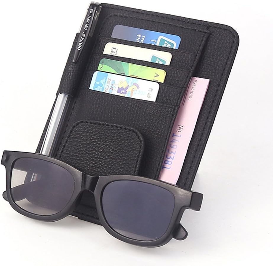Top819 Trade PU Leather Car Sun Visor Organizer with 4 Credit Cards Pockets + 1 Sunglasses Holder + 1 Pen holder + Bills Cards Storage Holder Case for Auto Vehicle Truck SUV (Black)