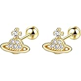 Aloluo 20G Tiny Cute Saturn Stud Earrings for Women Silver Plated Cubic Zirconia Planet Aesthetic Y2k Earring Small Ball Screw Back Studs Mini Cartilage Tragus Long Post Dainty Space Jewelry Gifts