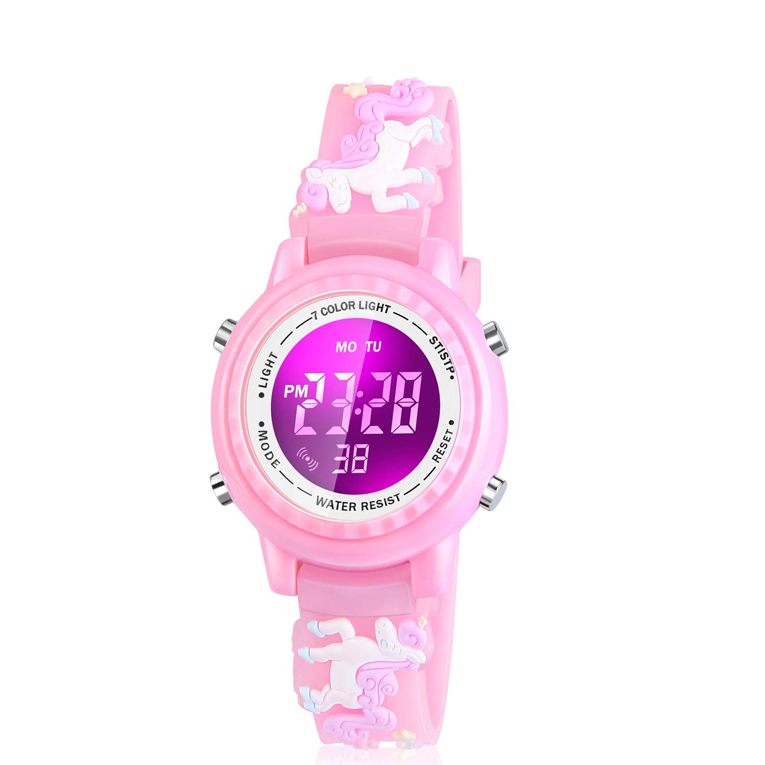 Viposoon Waterproof LED Kids Watches with Alarm - Kids Toys Gifts for Girls Age 3-10, Unicorn Pink, Japanese