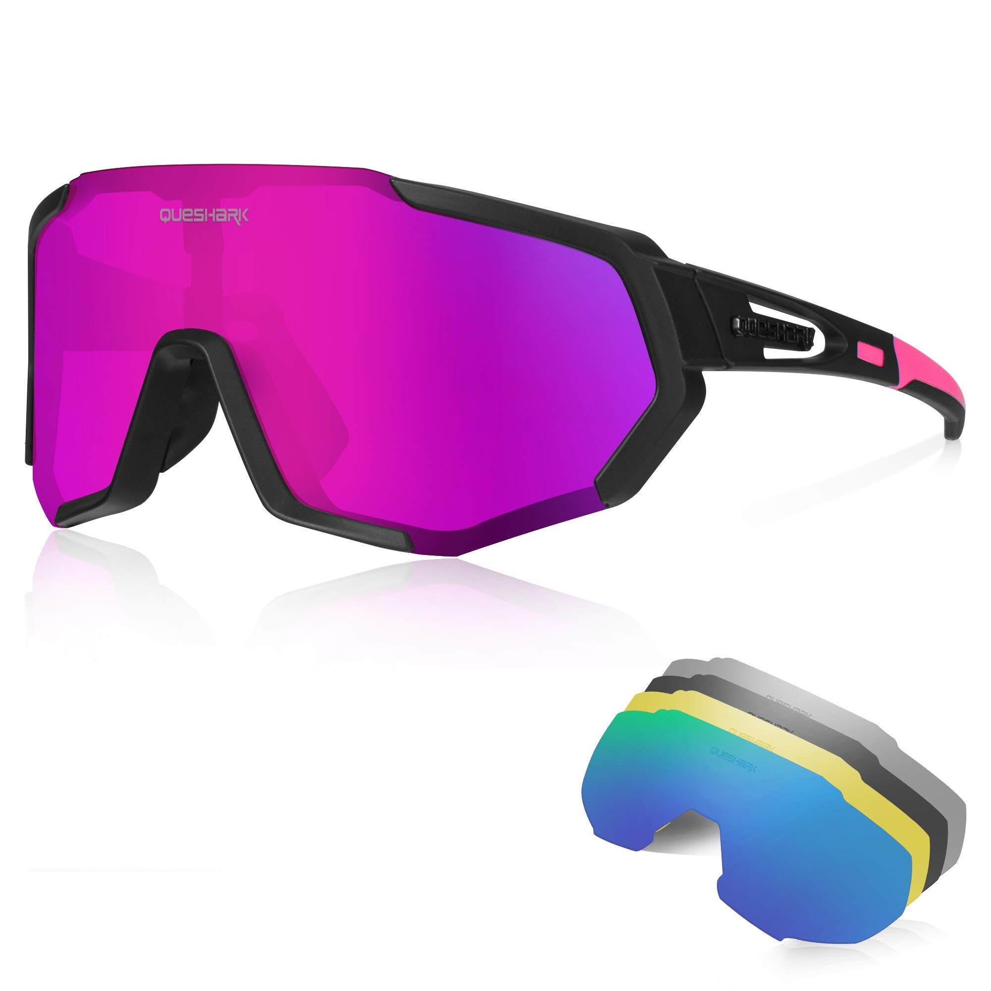 Queshark Cycling Glasses, TR90 Unbreakable Frame Polarized Sports Sunglasses, Bike Glasses for Men Women with 5 Interchangeable Lens, Anti-UV400 for Driving Fishing Glof Baseball Running Hiking