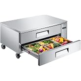VEVOR Chef Base Refrigerator, 52" W Commercial Chef Bases Worktop Refrigerators, 2-Drawer Under Counter Fridge with 8 Pans Stainless Steel, Heavy-Duty Refrigerated Base, Invisible Door Handle