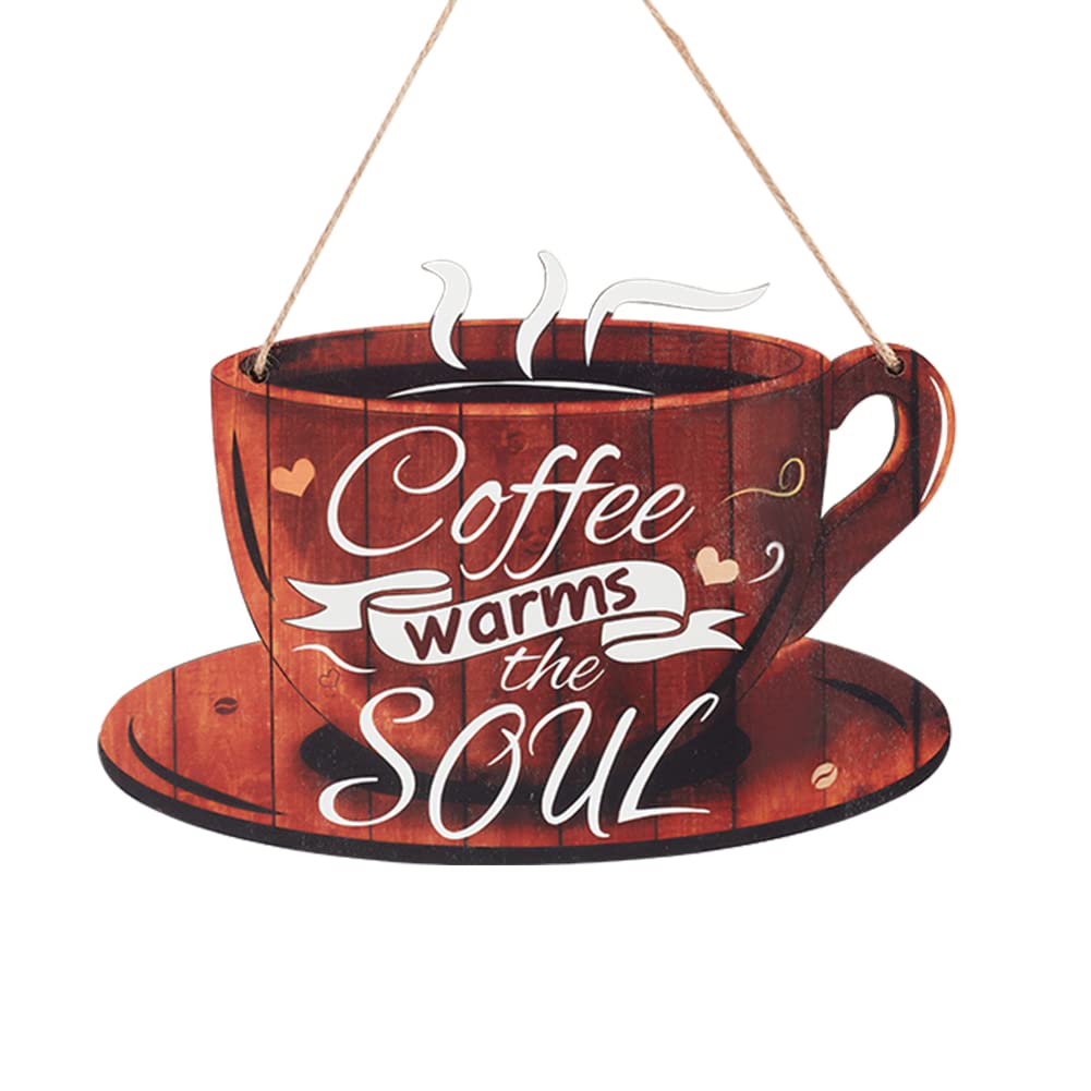 NBEADS Coffee Decor Sign, Coffee Hanging Wall Sign Plaque Rustic Cafe Wall Decor with Word Coffee Warms The Soul for Coffe Bar Tea Shop Store Window Restaurants Decoration,17.5×24.5cm