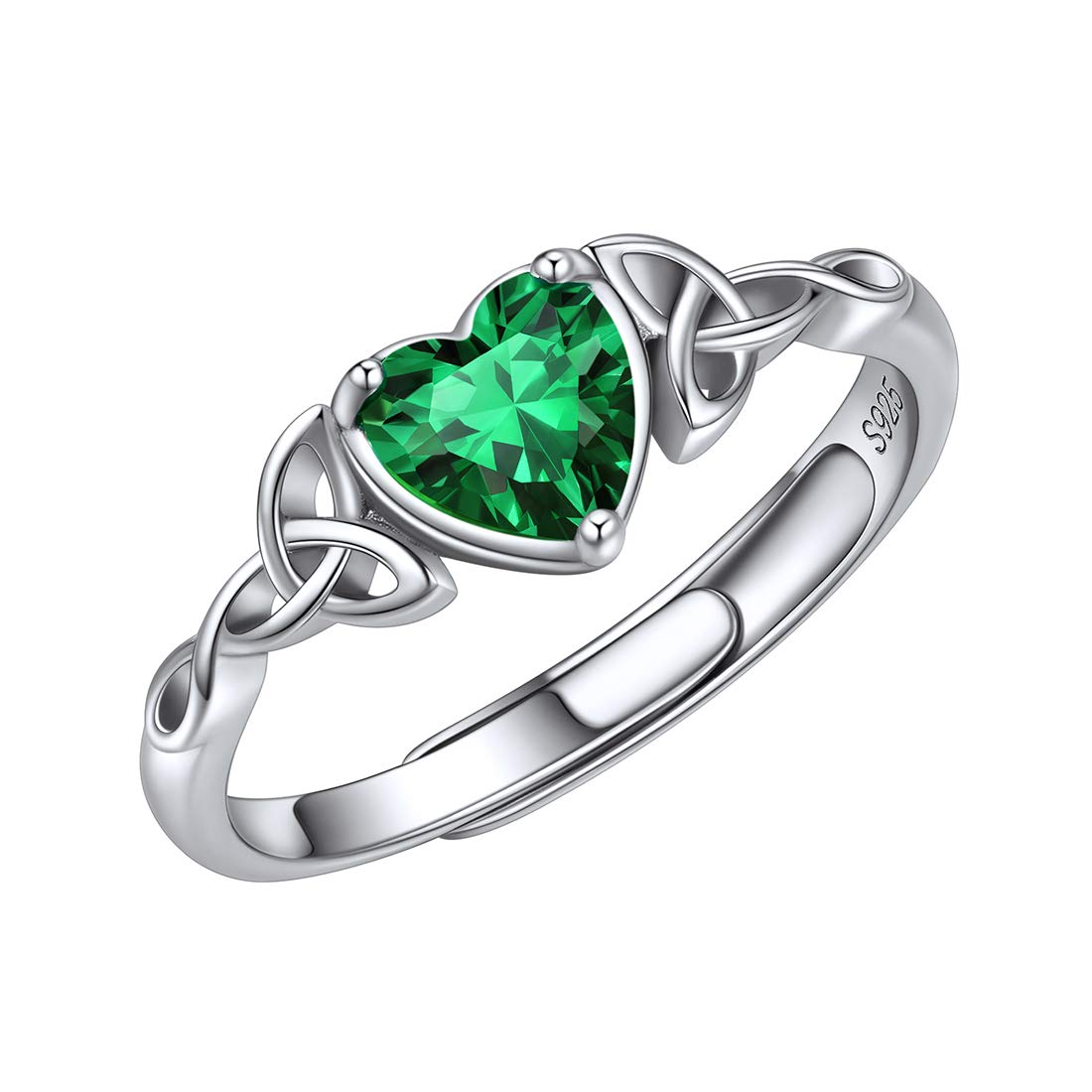 ChicSilver Sterling Silver Ring Adjustable Sparkly Heart Birthstone Jewellery 925 Silver Emerald Green Ring with Celtic Knot