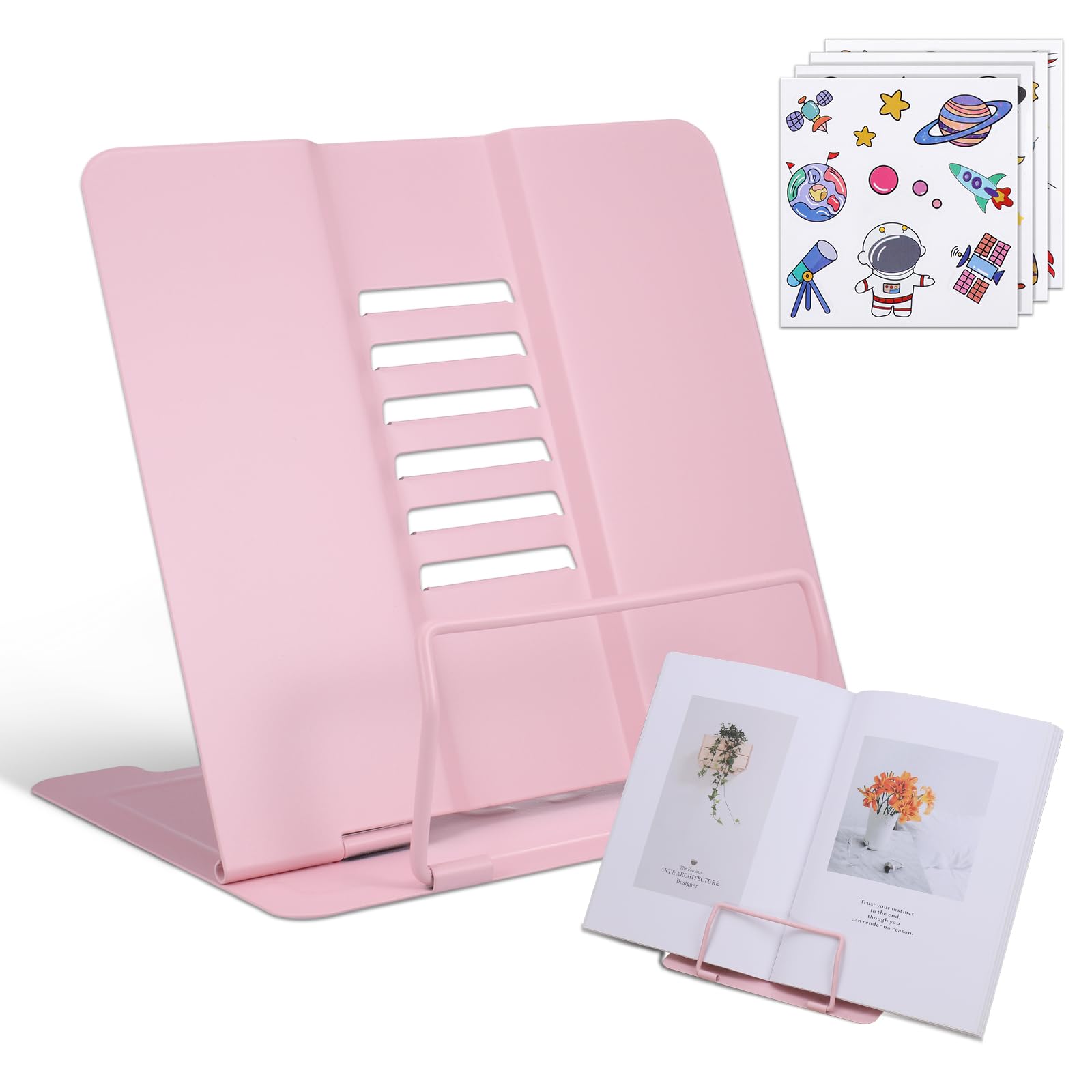 Kssvzz Book Stand, Metal Cookbook Holder with Adjustable Angle, Portable Sturdy Bookstands for Reading Book, Documents and Book Display, Pink, HK038