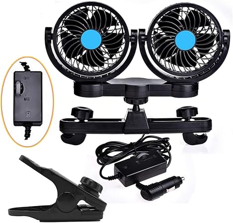 Amazon 車載扇風機 後部座席用 双頭車載ファン Dc12ｖ 4インチ ブラック シガー 角度調節 360 回転 無段階風量調節 クリップスタンドタイプ強風量 省エネ ツーインワン 車載用冷暖房器具 車 バイク
