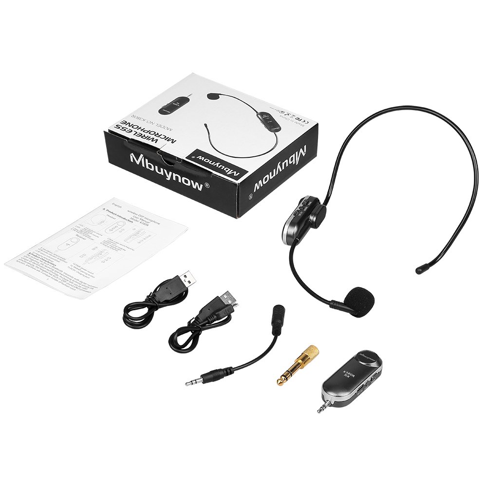 Auriculares Inalámbricos Microfóno, Mbuynow UHF Wirelss Auriculares con Mic 3.5mm / 6.5mm para Reunión de Negocios, Enseñanza de la Aptitud, Guías
