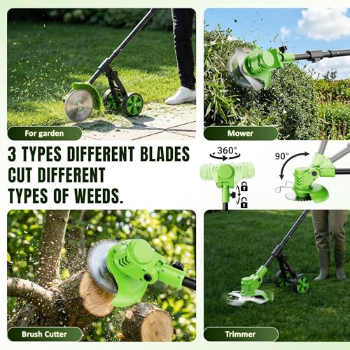 Cordless Weed Wacker with Wheels 4-in-1, 4000mAh Battery Powered Stringless Weed Eater, Brushless Grass Trimmer with 2 Batteries, 3 Blade, Adjustable Head, Lightweight Lawn Edger Brush Cutter