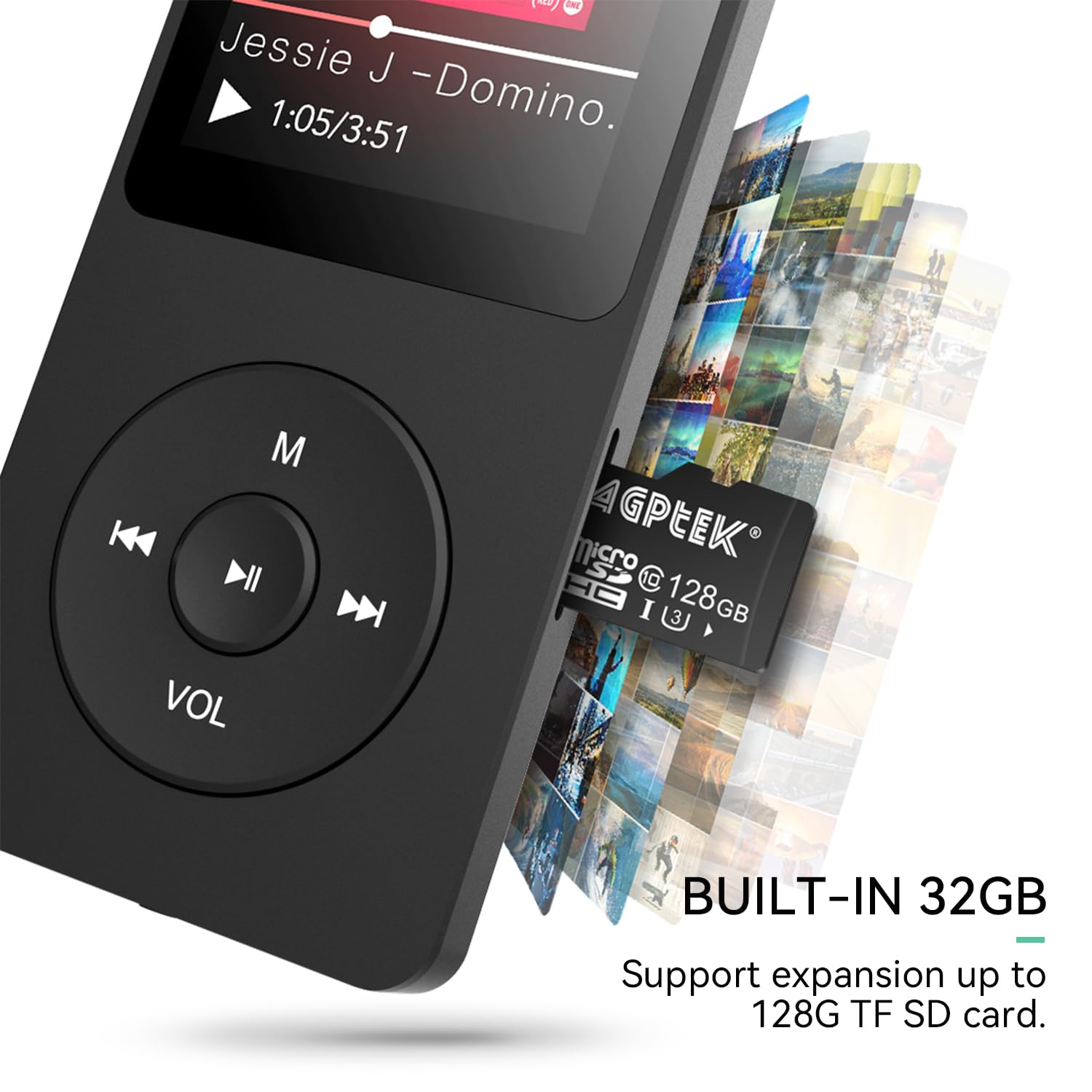 AGPTEK A02 MP3 Player with Bluetooth 5.3, 1.8 inch Screen Portable Music Player with Speaker, FM Radio, Voice Recorder, Supports Expanded Up to 128GB(Black, 32GB)