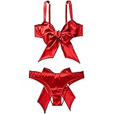 Adore Me Gynger Unlined Quarter Cup Bow Bra & Bikini Panty - Underwire Satin Balconette Bra for Women & Satin Panties with Bow Tie, Dark Red, L