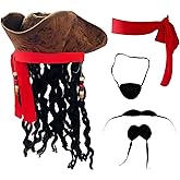 Cossneer Pirate Wig Hat Men Halloween Pirate Costume Accessories with Eye Patch Belt Beard for Cosplay Party