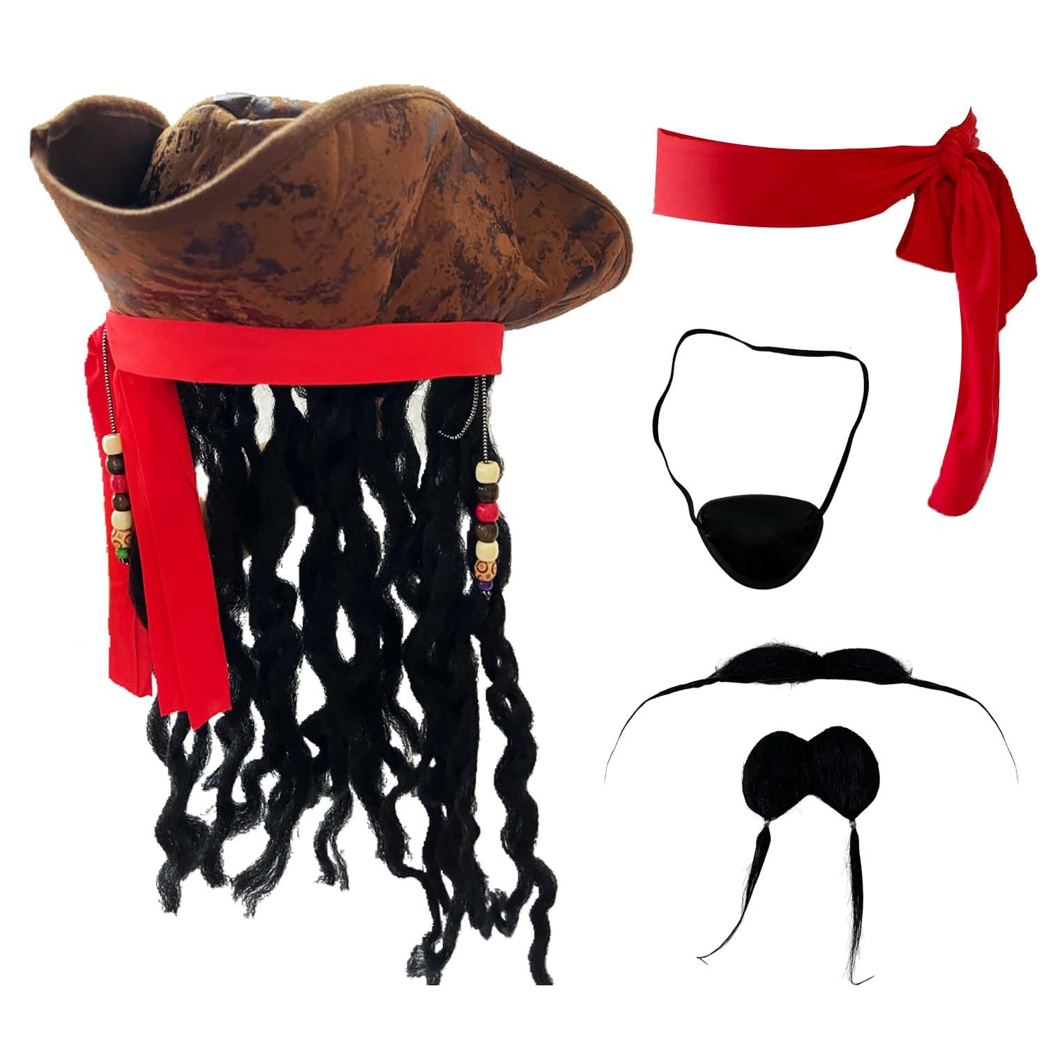 Photo 1 of (used)(incomplete) Pirate Wig Hat Men Halloween Pirate Costume Accessories with Eye Patch Belt Beard for Cosplay Party